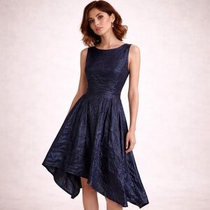 SARAH PACINI Asymmetric Crinkle Midi Dress Iridescent Navy Made in Italy Sz S